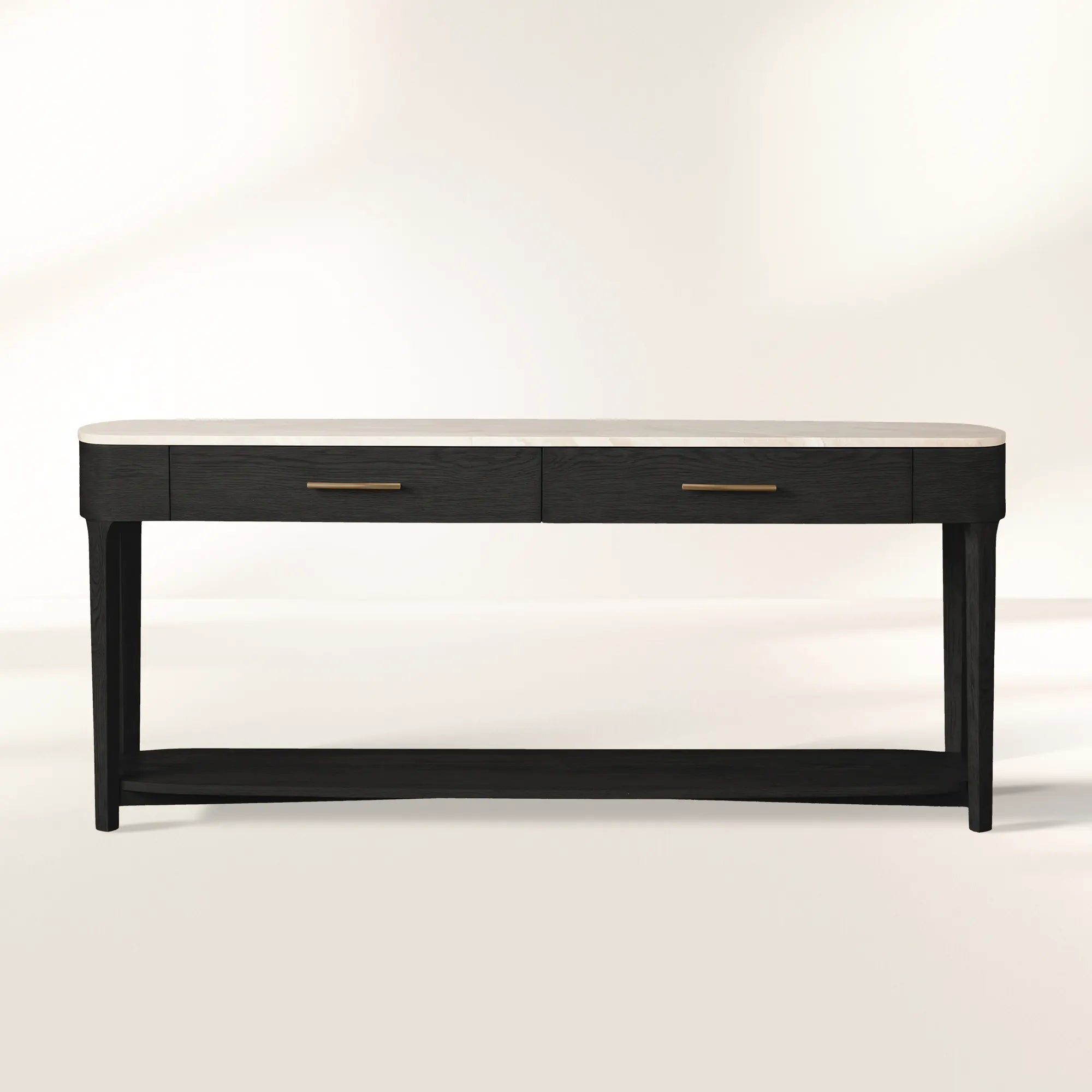 Danny Marble Top Entryway Console Table wtih Storage Drawers Brass Hardware Solid Oak Wood Hallway Entrance Table