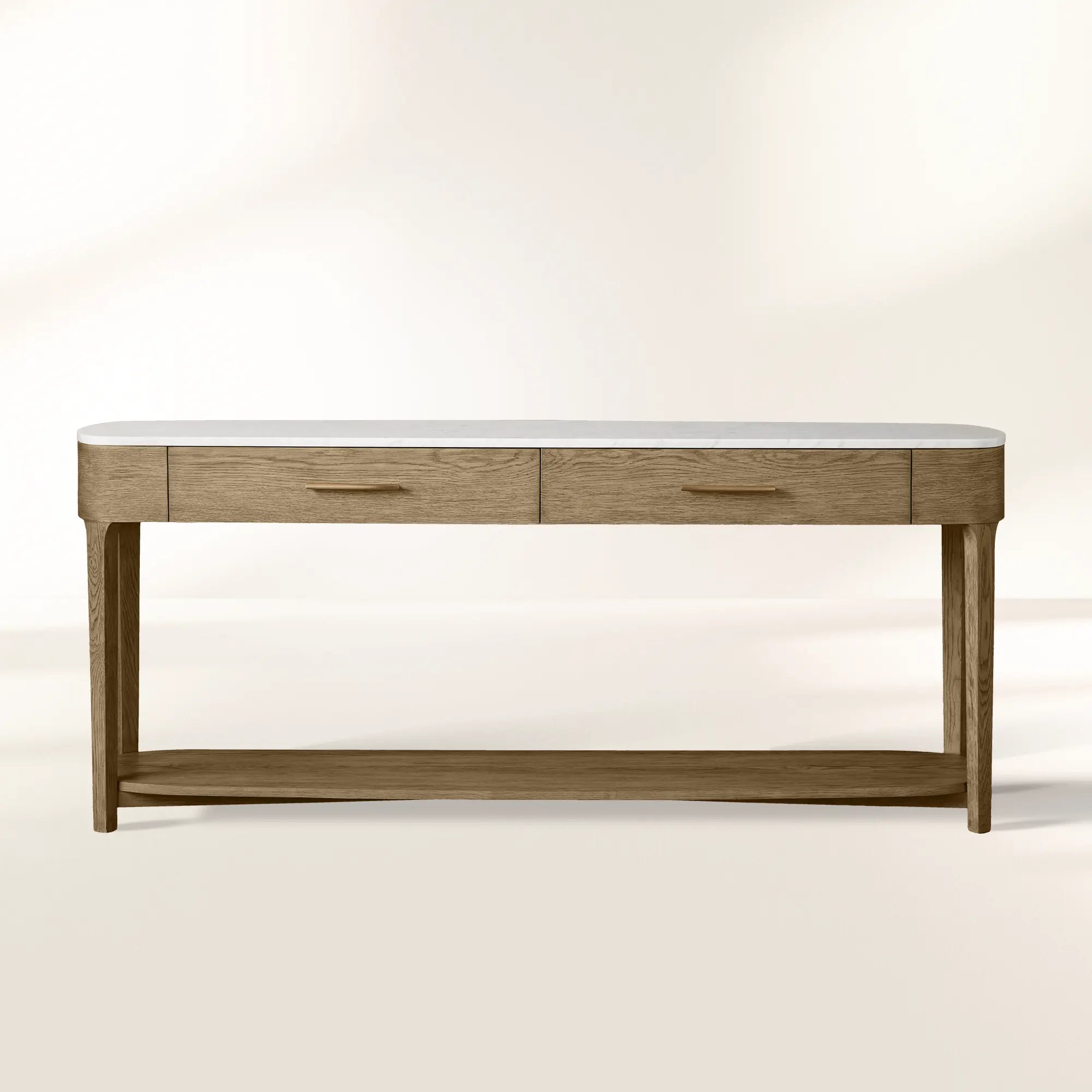 Danny Marble Top Entryway Console Table wtih Storage Drawers Brass Hardware Solid Oak Wood Hallway Entrance Table
