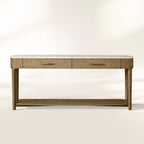 Danny Marble Top Entryway Console Table wtih Storage Drawers Brass Hardware Solid Oak Wood Hallway Entrance Table