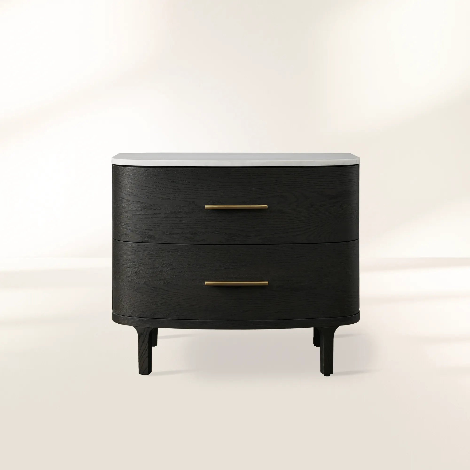 Danny Closed Nightstand with Marble Top Brass Pulls  Solid Oak Construction Bedside Nightside Table 2-Drawer Cabinet