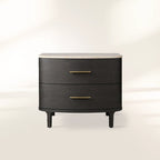 Danny Closed Nightstand with Marble Top Brass Pulls  Solid Oak Construction Bedside Nightside Table 2-Drawer Cabinet