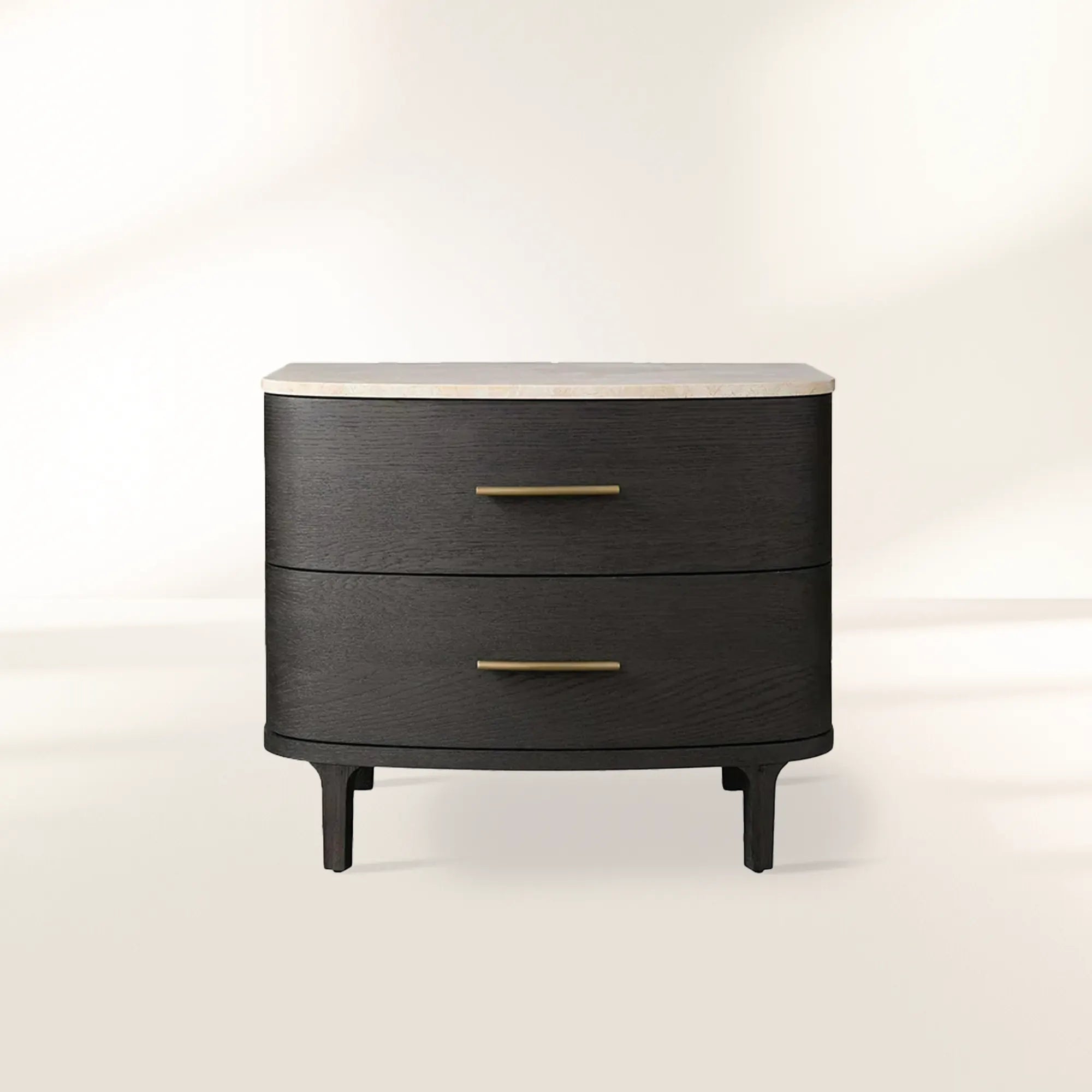 Danny Closed Nightstand with Marble Top Brass Pulls  Solid Oak Construction Bedside Nightside Table 2-Drawer Cabinet