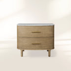 Danny Closed Nightstand with Marble Top Brass Pulls  Solid Oak Construction Bedside Nightside Table 2-Drawer Cabinet
