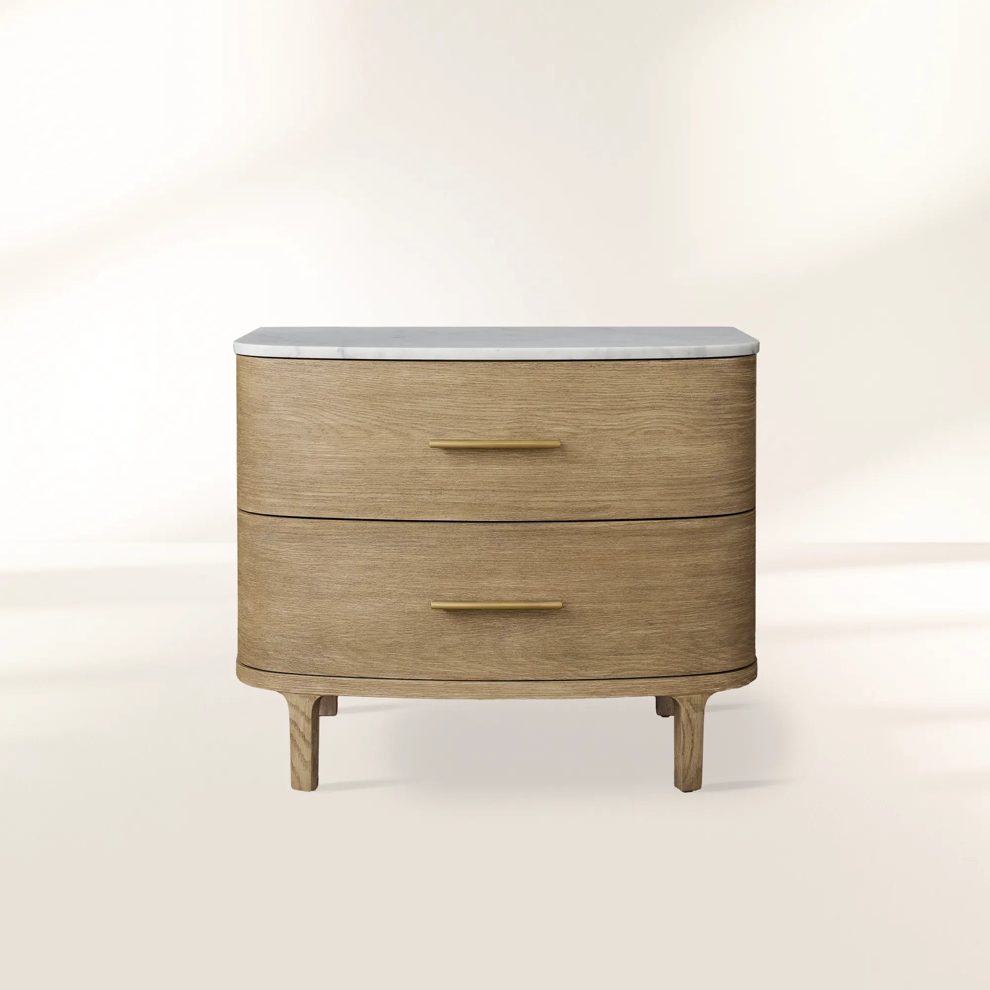 Danny Closed Nightstand with Marble Top Brass Pulls  Solid Oak Construction Bedside Nightside Table 2-Drawer Cabinet