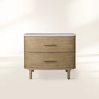 Danny Closed Nightstand with Marble Top Brass Pulls  Solid Oak Construction Bedside Nightside Table 2-Drawer Cabinet