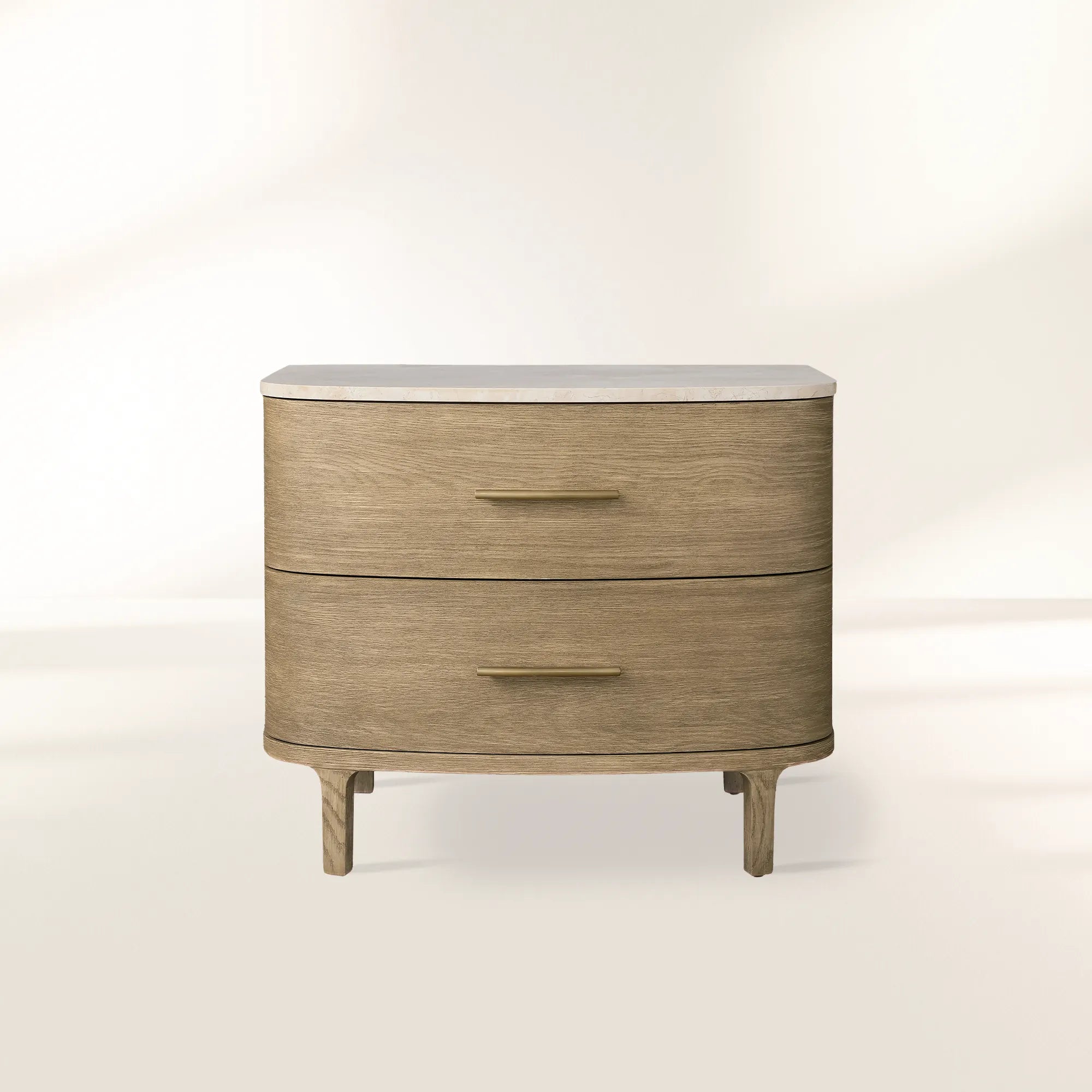 Danny Closed Nightstand with Marble Top Brass Pulls  Solid Oak Construction Bedside Nightside Table 2-Drawer Cabinet
