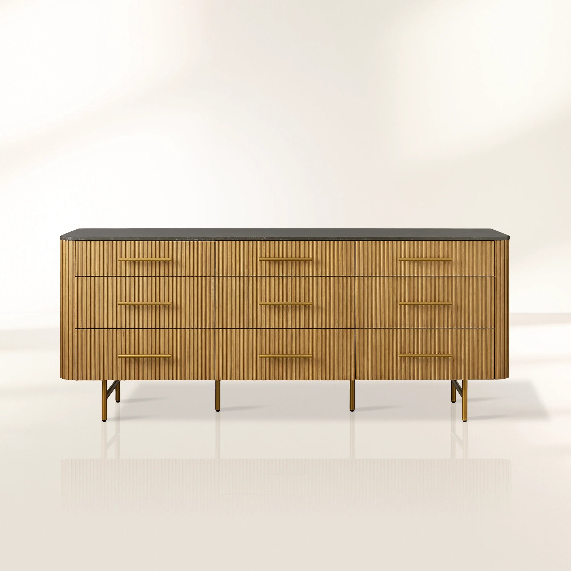 Finnley Natural Marble Stone Top Nine-Drawer Dresser White Oak Wood Drawer Chest Cabinet