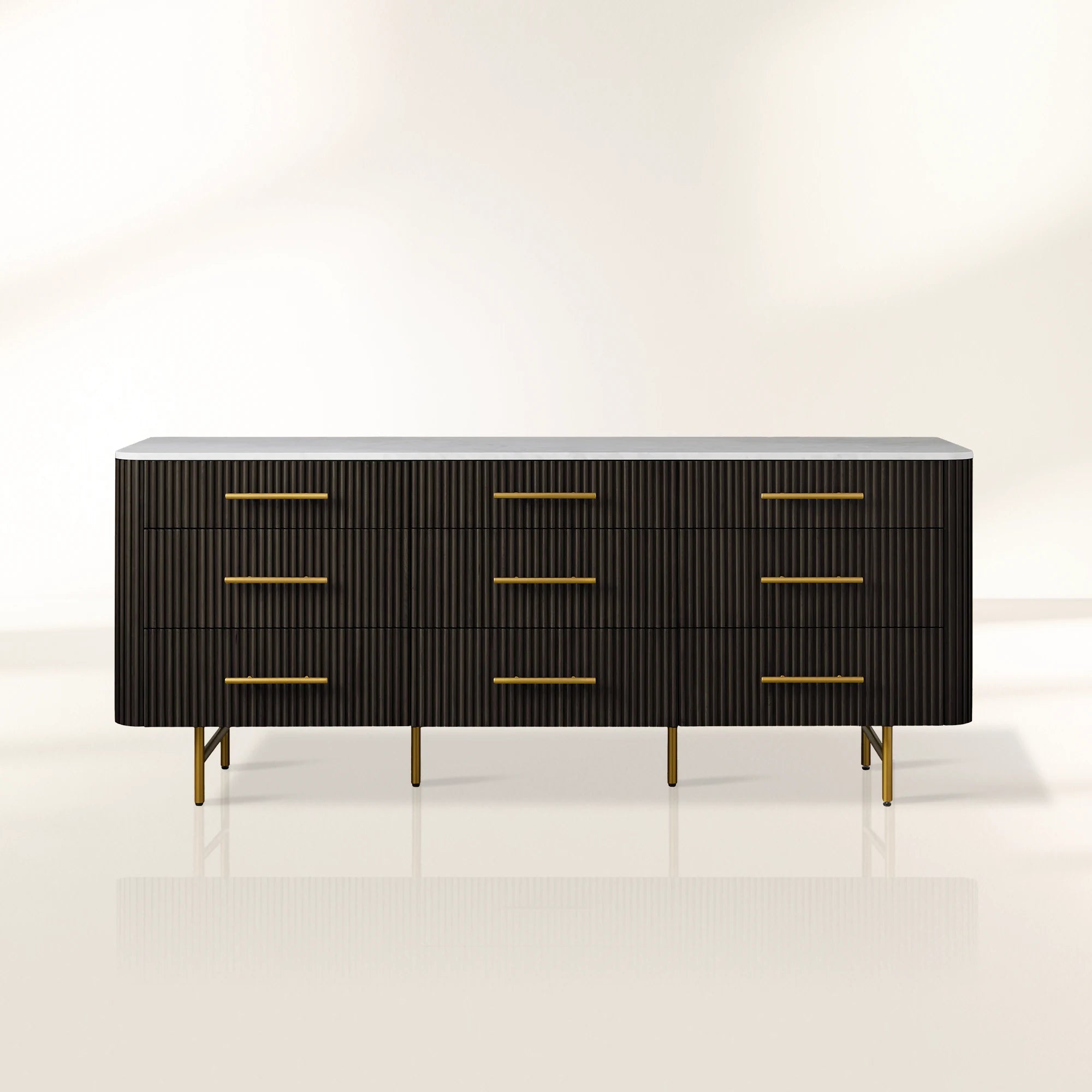 Finnley Natural Marble Stone Top Nine-Drawer Dresser White Oak Wood Drawer Chest Cabinet