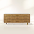 Finnley Natural Marble Stone Top Nine-Drawer Dresser White Oak Wood Drawer Chest Cabinet