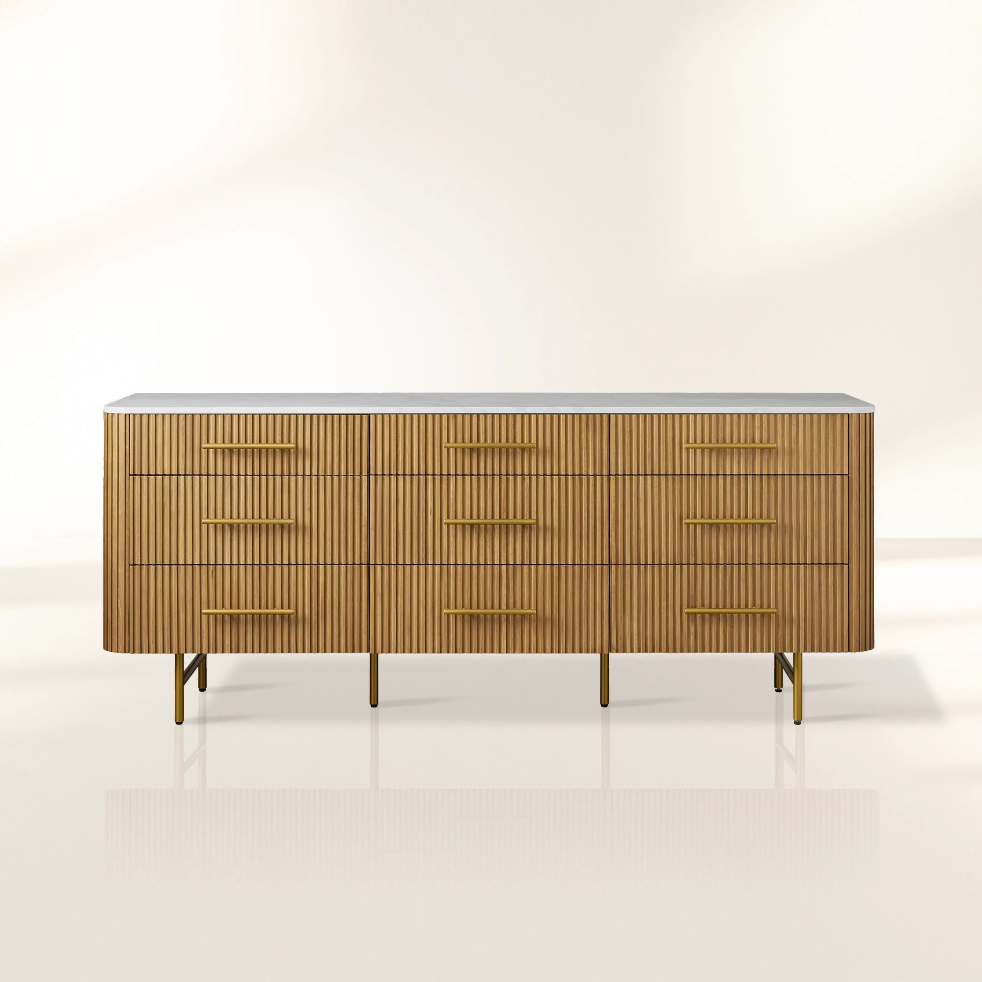 Finnley Natural Marble Stone Top Nine-Drawer Dresser White Oak Wood Drawer Chest Cabinet