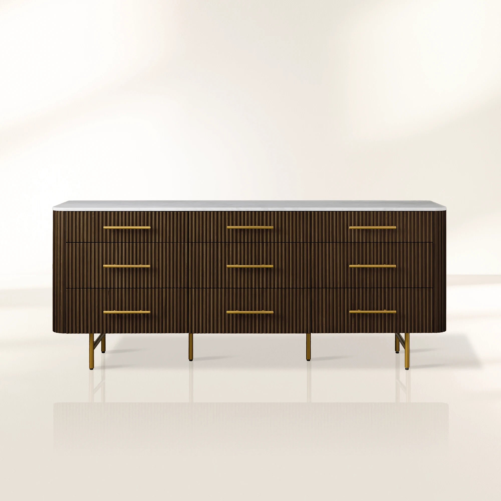 Finnley Natural Marble Stone Top Nine-Drawer Dresser White Oak Wood Drawer Chest Cabinet