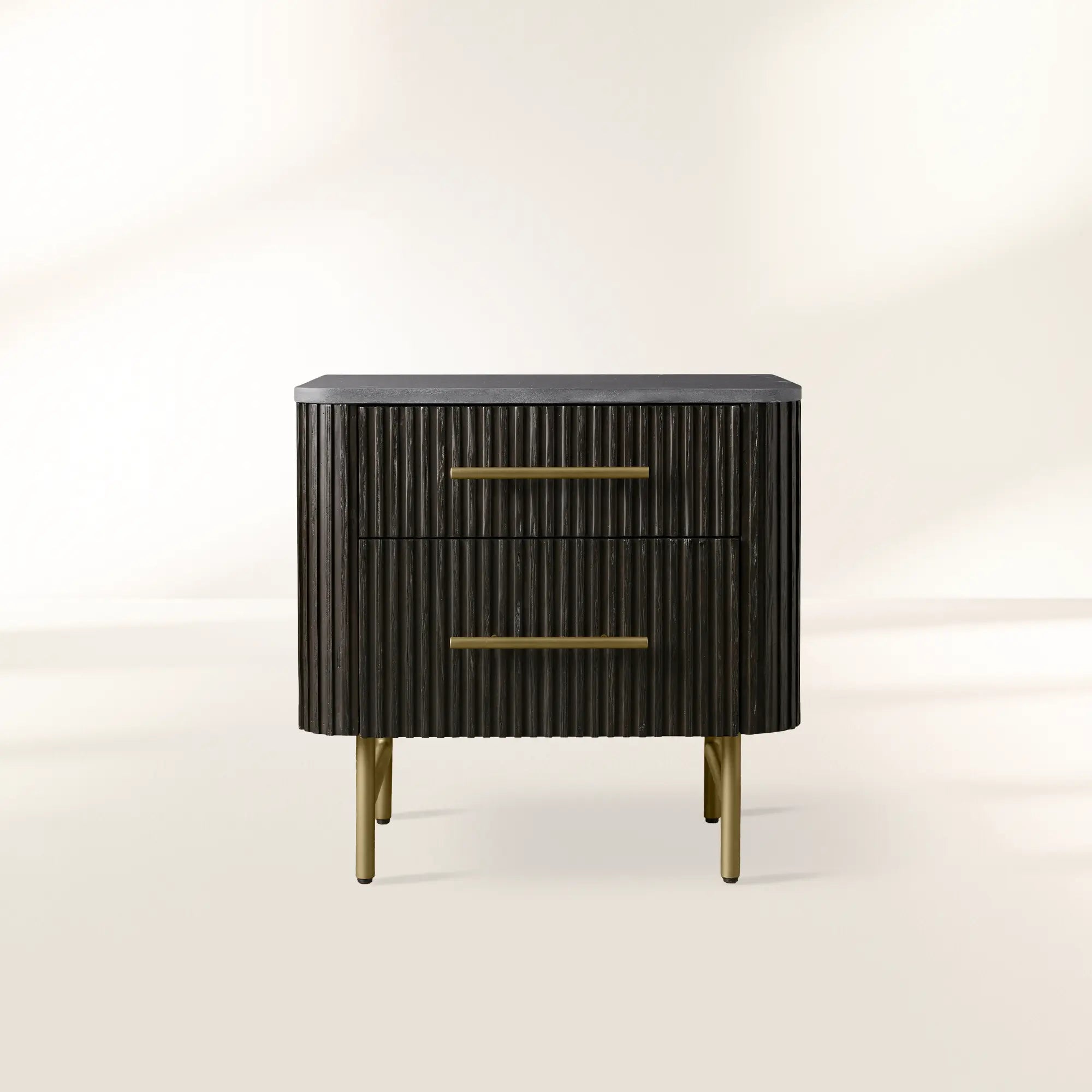 Finnley Closed Nightstand with Marble Stone Cabinet Wood Surfaces Tops 2-Drawer Bedside Nightside Table