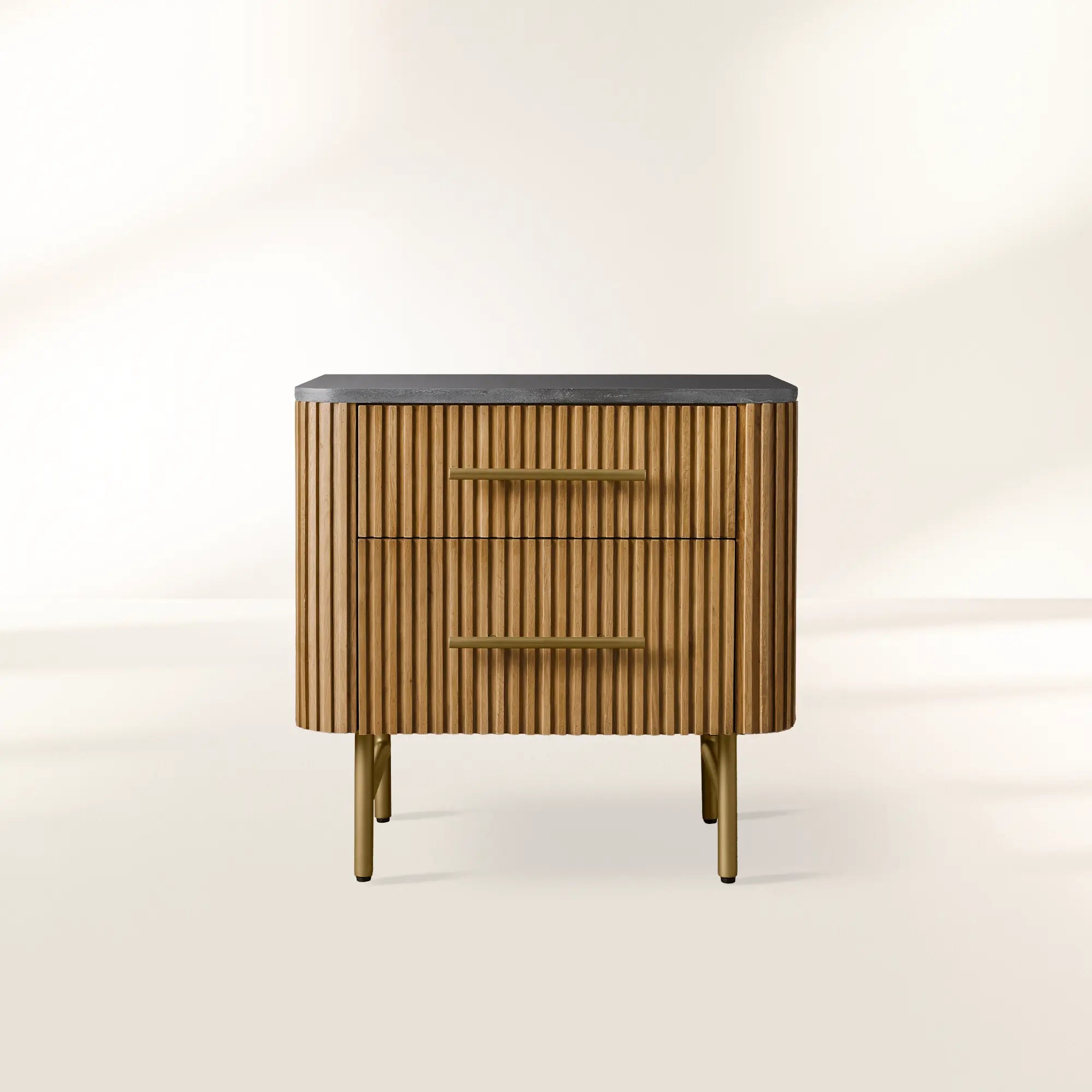Finnley Closed Nightstand with Marble Stone Cabinet Wood Surfaces Tops 2-Drawer Bedside Nightside Table