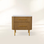 Finnley Closed Nightstand with Marble Stone Cabinet Wood Surfaces Tops 2-Drawer Bedside Nightside Table