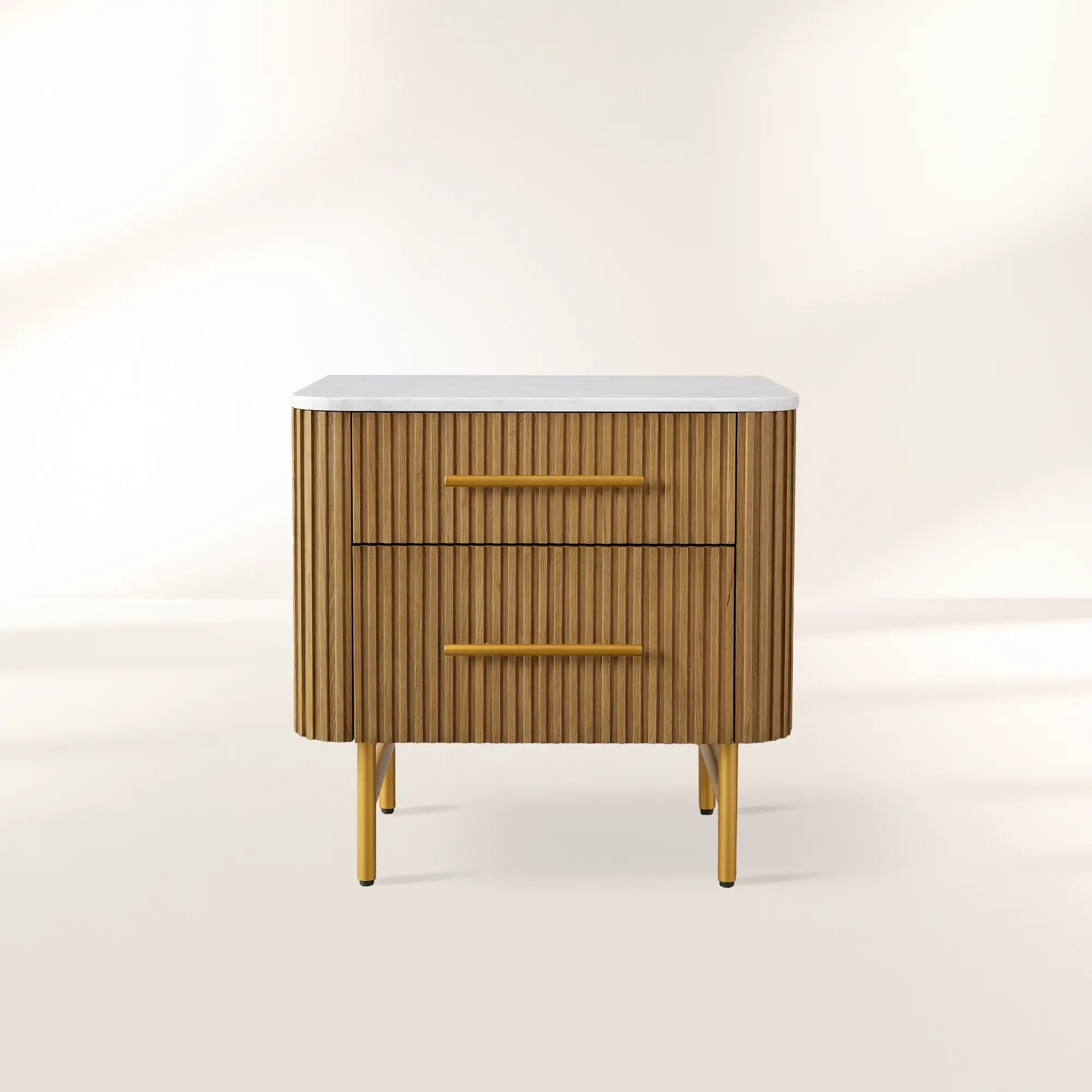 Finnley Closed Nightstand with Marble Stone Cabinet Wood Surfaces Tops 2-Drawer Bedside Nightside Table