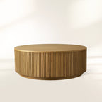 Finnley Round Oak Wood Coffee Table Modern Sofa Center Tea Table with Reeded Detailing