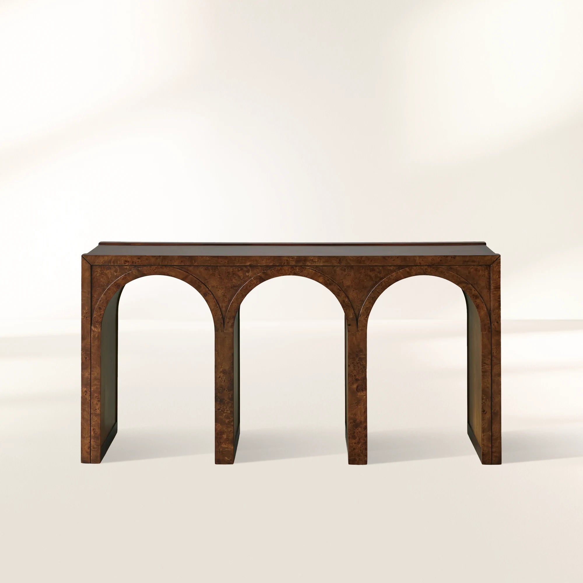 Hattie Wood Console Entryway Table with Natural Burl Veneers Arch Design Hallway Entrance Table