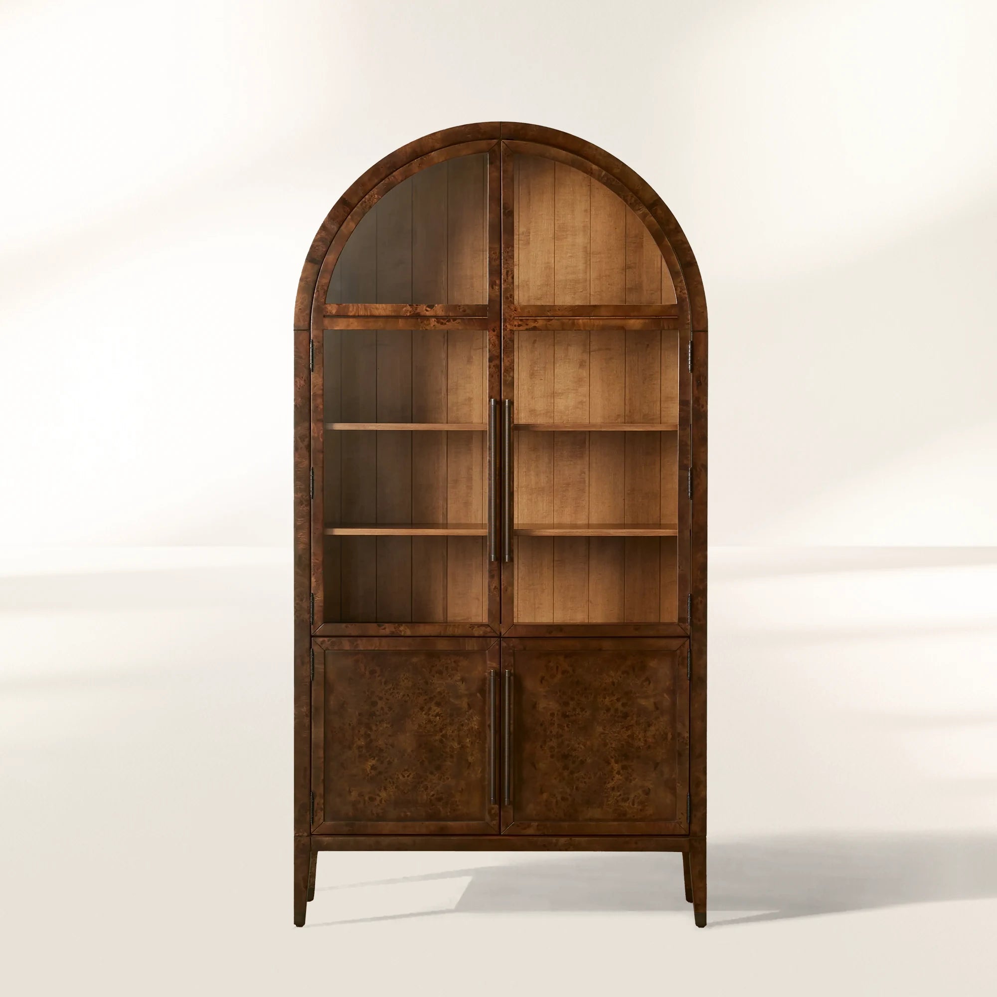 Hattie Mappa Burl Arched Glass Tall Display Cabinet with Wood Storage Cabinet