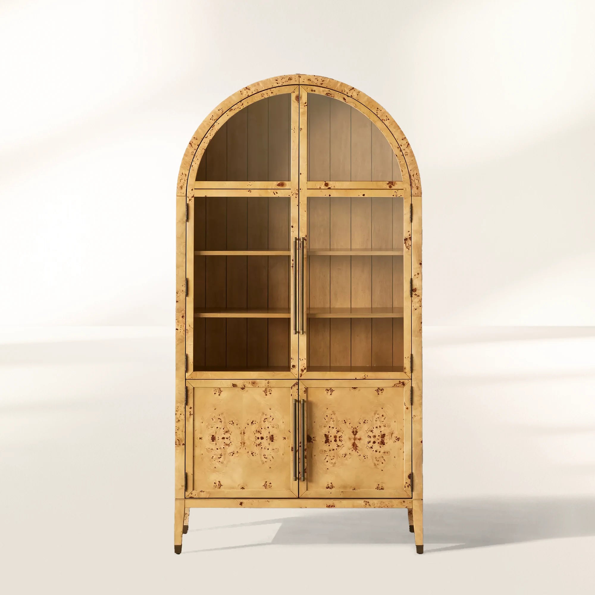 Hattie Mappa Burl Arched Glass Tall Display Cabinet with Wood Storage Cabinet