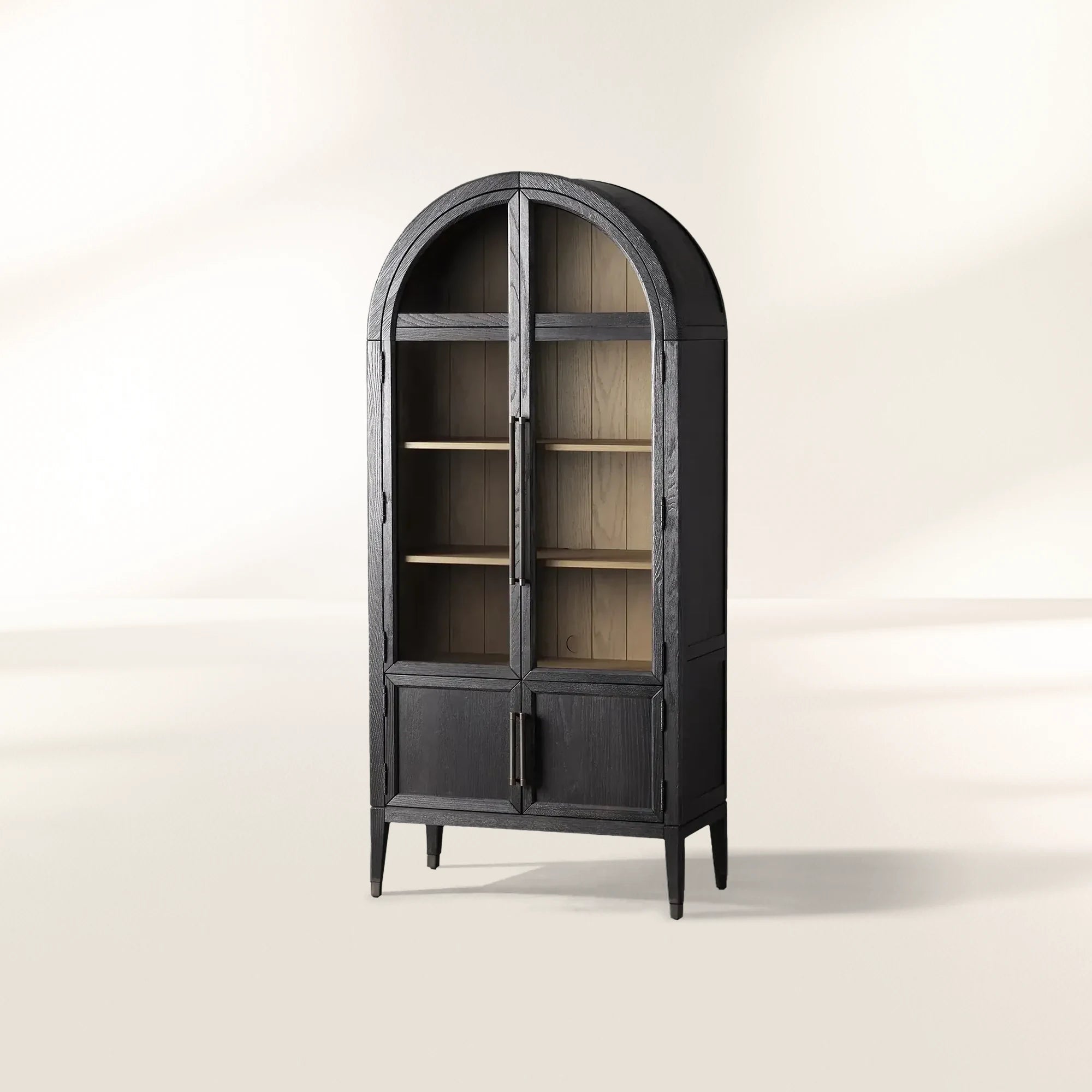 Hattie Glass Tall Display Cabinet Oak Wood Living Room Storage Cabinet Hattie Glass Tall Display Cabinet Arched with Solid Oak Wood Living Room Storage Cabinet
