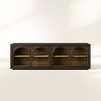 Hattie Media Console with Solid Oak Wood TV Stand Cabinet Arched Glass Modern Television Storage Side Unit