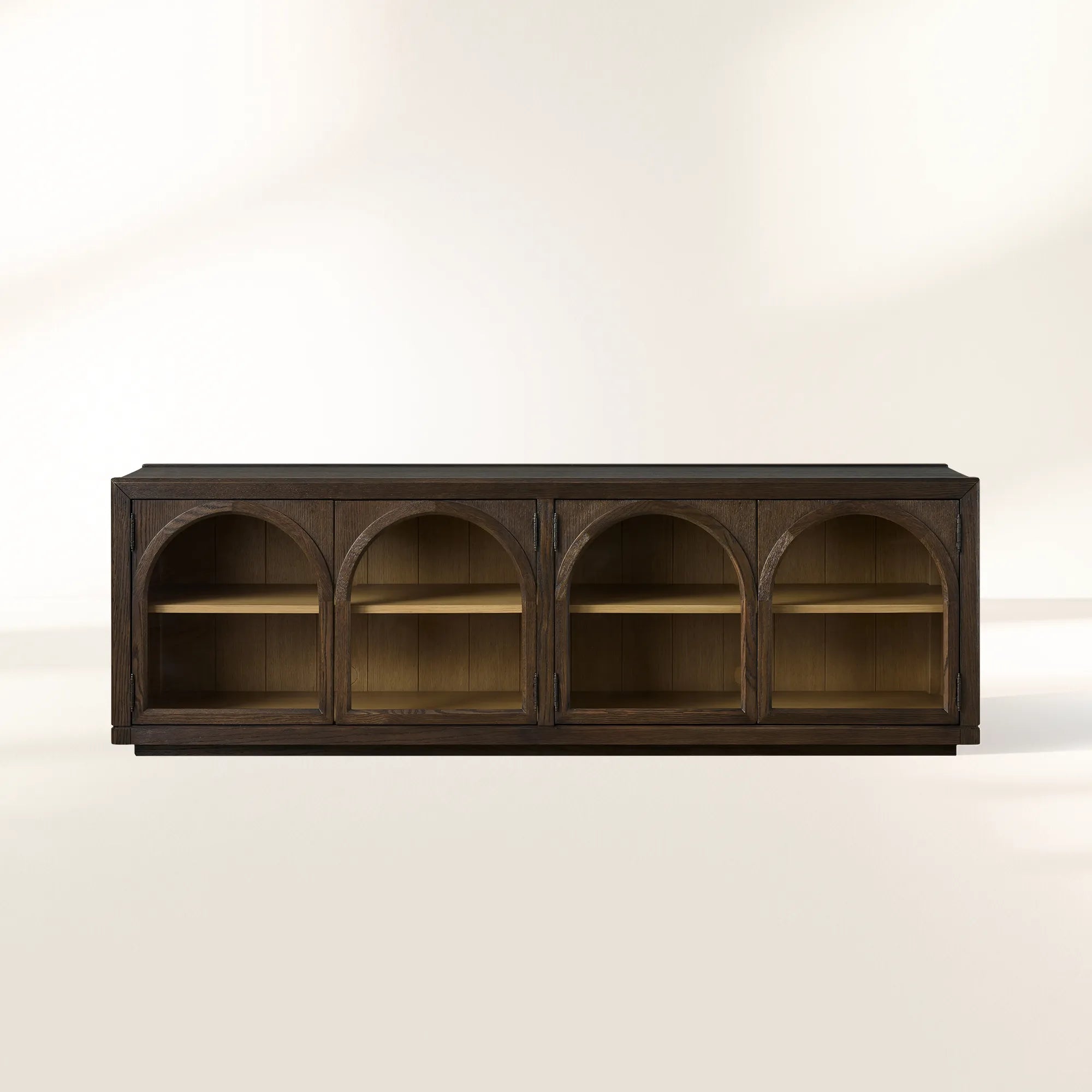 Hattie Media Console with Solid Oak Wood TV Stand Cabinet Arched Glass Modern Television Storage Side Unit