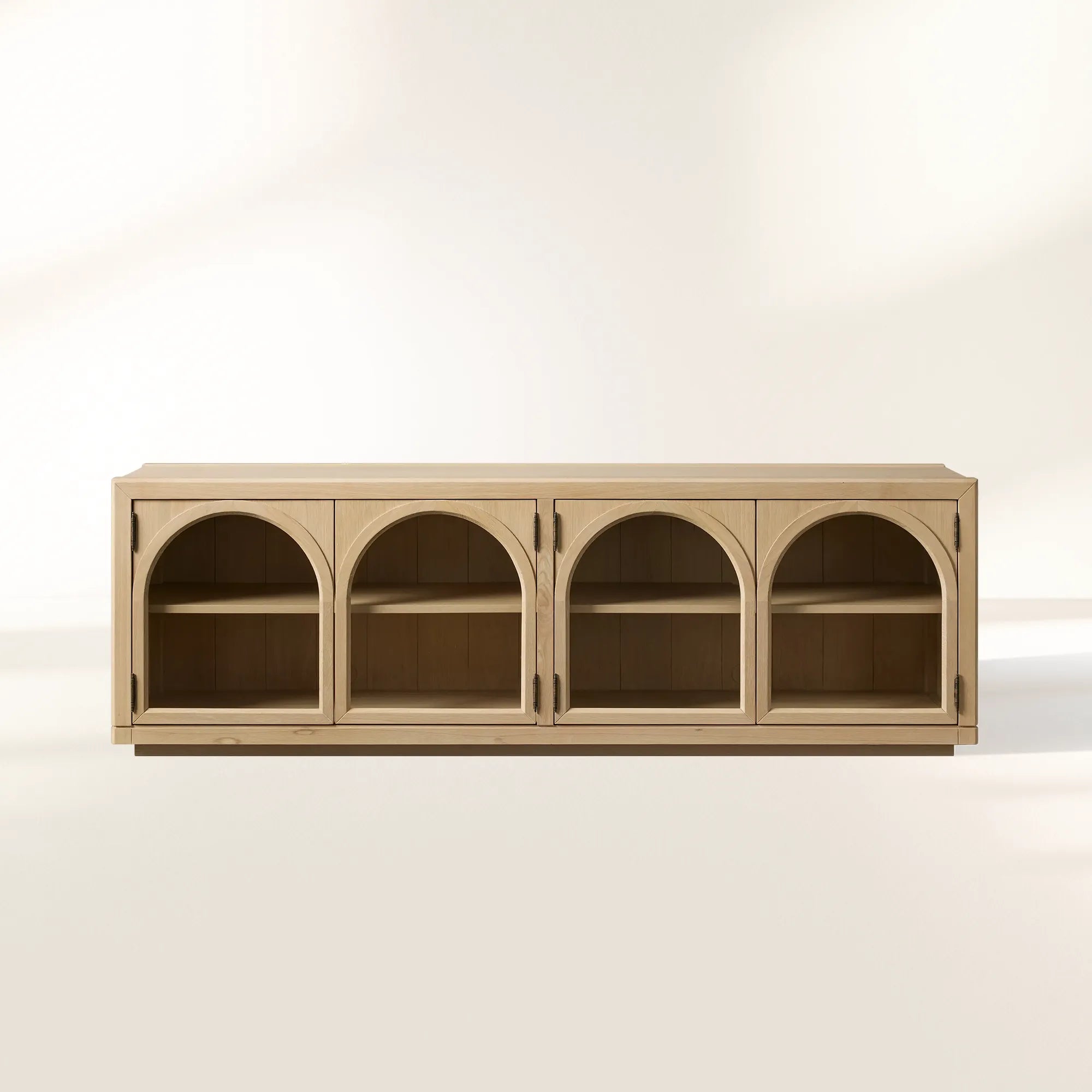 Hattie Media Console with Solid Oak Wood TV Stand Cabinet Arched Glass Modern Television Storage Side Unit