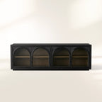 Hattie Media Console with Solid Oak Wood TV Stand Cabinet Arched Glass Modern Television Storage Side Unit