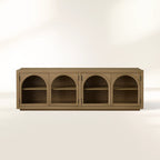 Hattie Media Console with Solid Oak Wood TV Stand Cabinet Arched Glass Modern Television Storage Side Unit