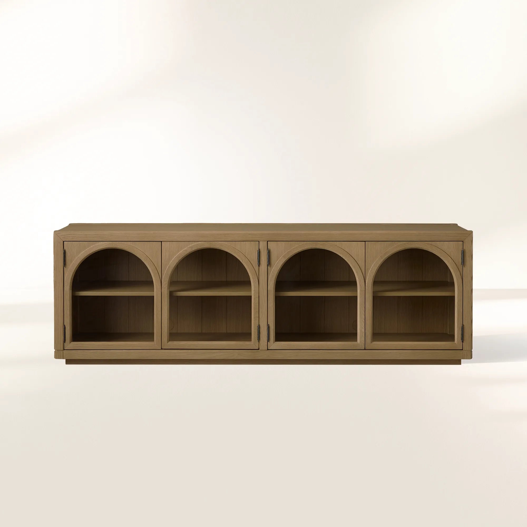 Hattie Media Console with Solid Oak Wood TV Stand Cabinet Arched Glass Modern Television Storage Side Unit