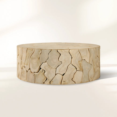 Kalmar Natural Teak Wood Round Coffee Table Hand-Assembled Slices Cocktail Table Unique Living Room Center Tea Table Natural Style1