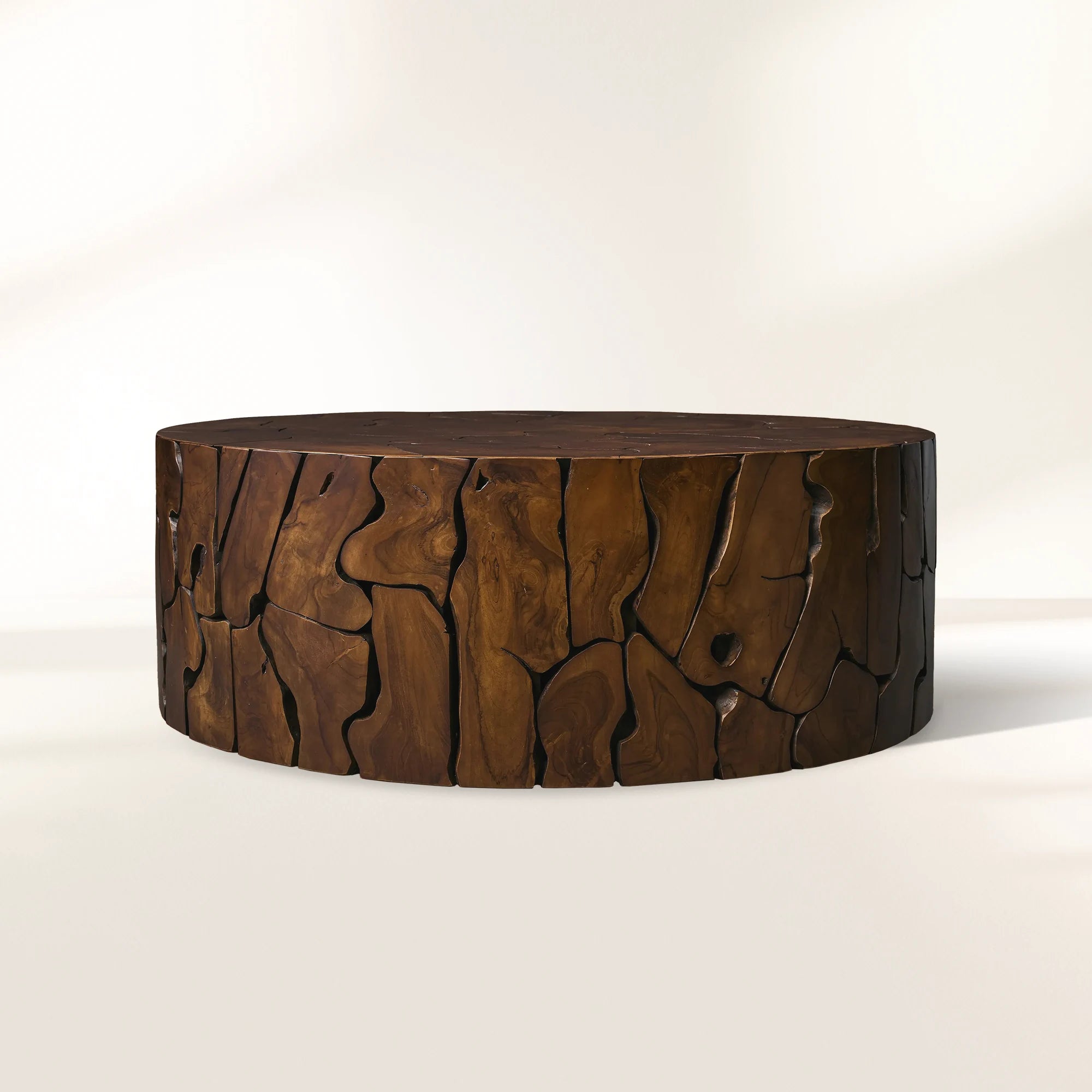 Kalmar Natural Teak Wood Round Coffee Table Hand-Assembled Slices Cocktail Table Unique Living Room Center Tea Table Natural Style1