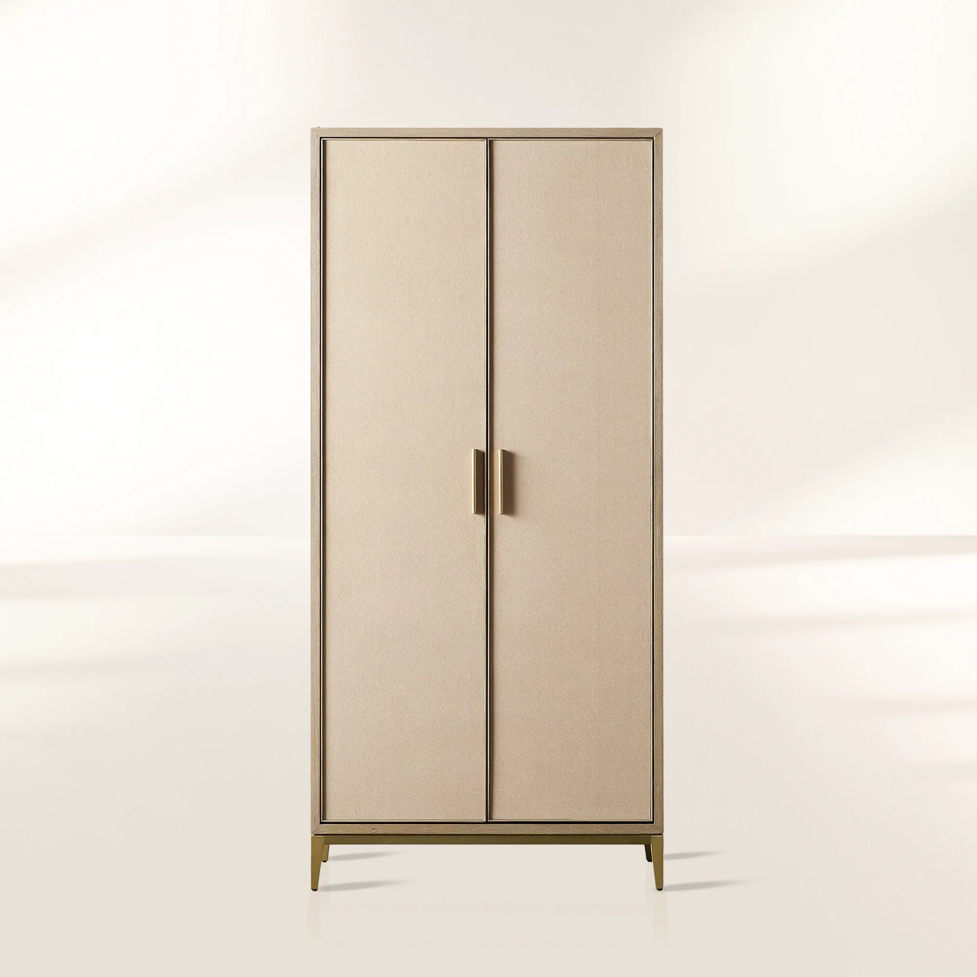 Malone Wood Storage Tall Display Cabinet Double Door Offers Bookcase with Leather Insets