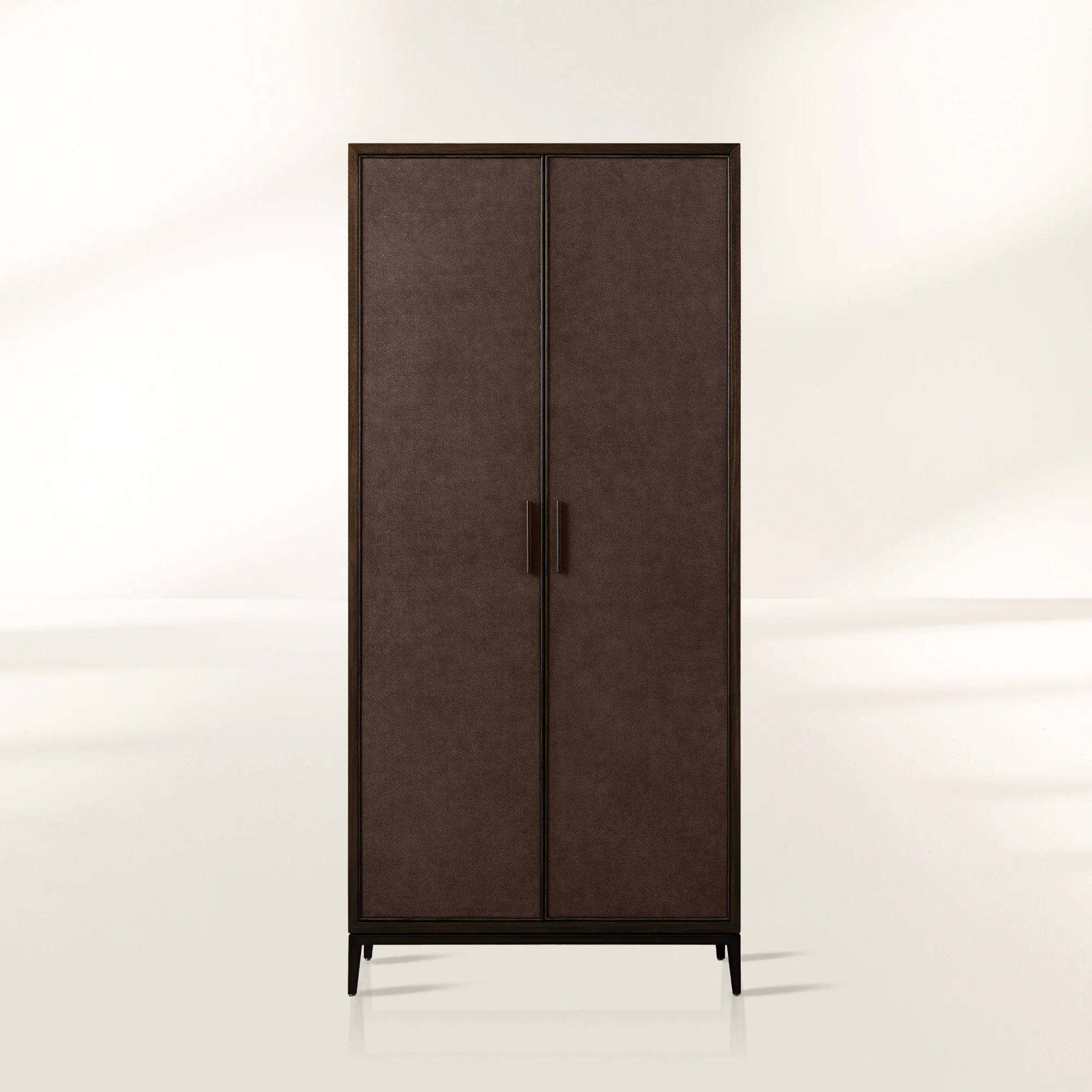 Malone Wood Storage Tall Display Cabinet Double Door Offers Bookcase with Leather Insets
