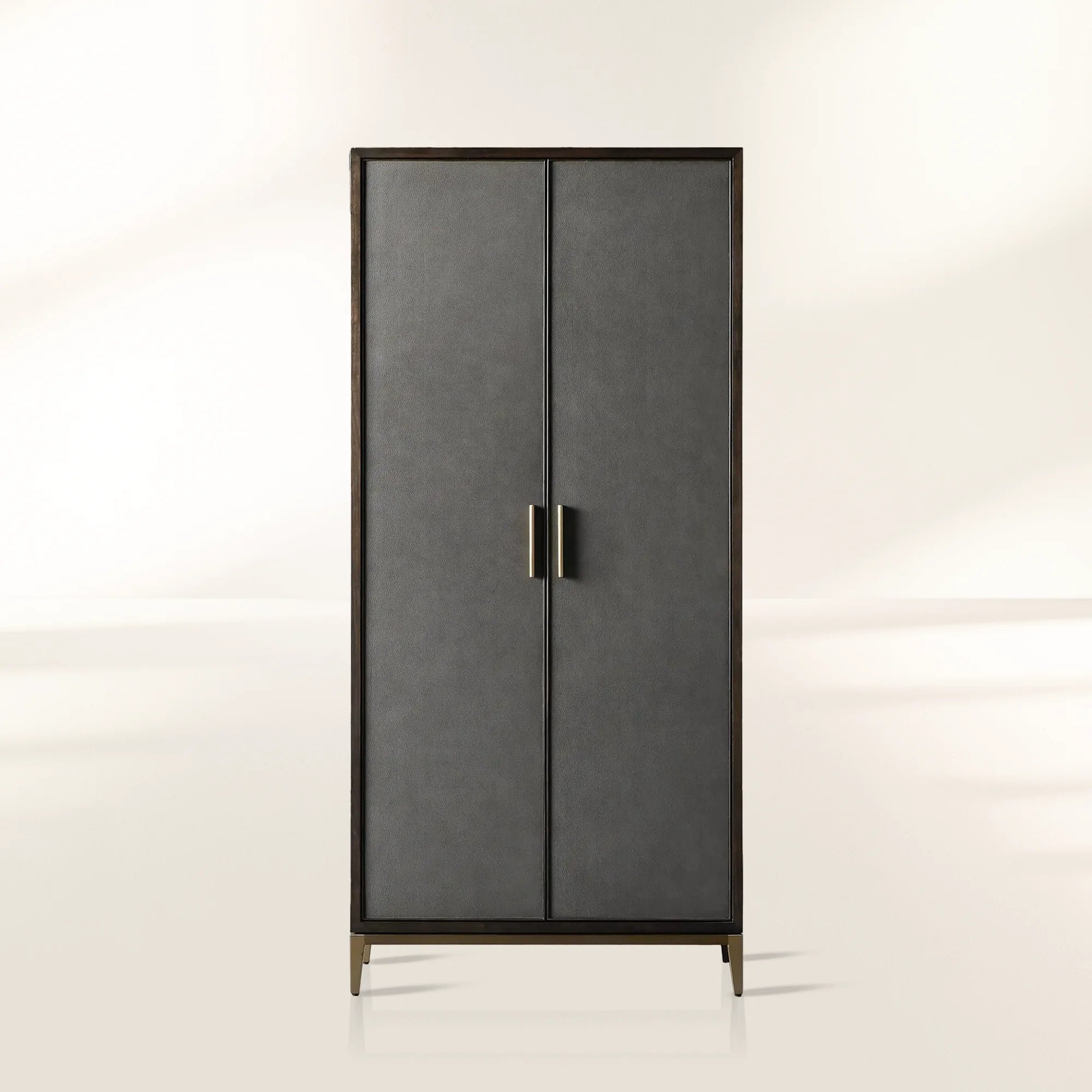 Malone Wood Storage Tall Display Cabinet Double Door Offers Bookcase with Leather Insets