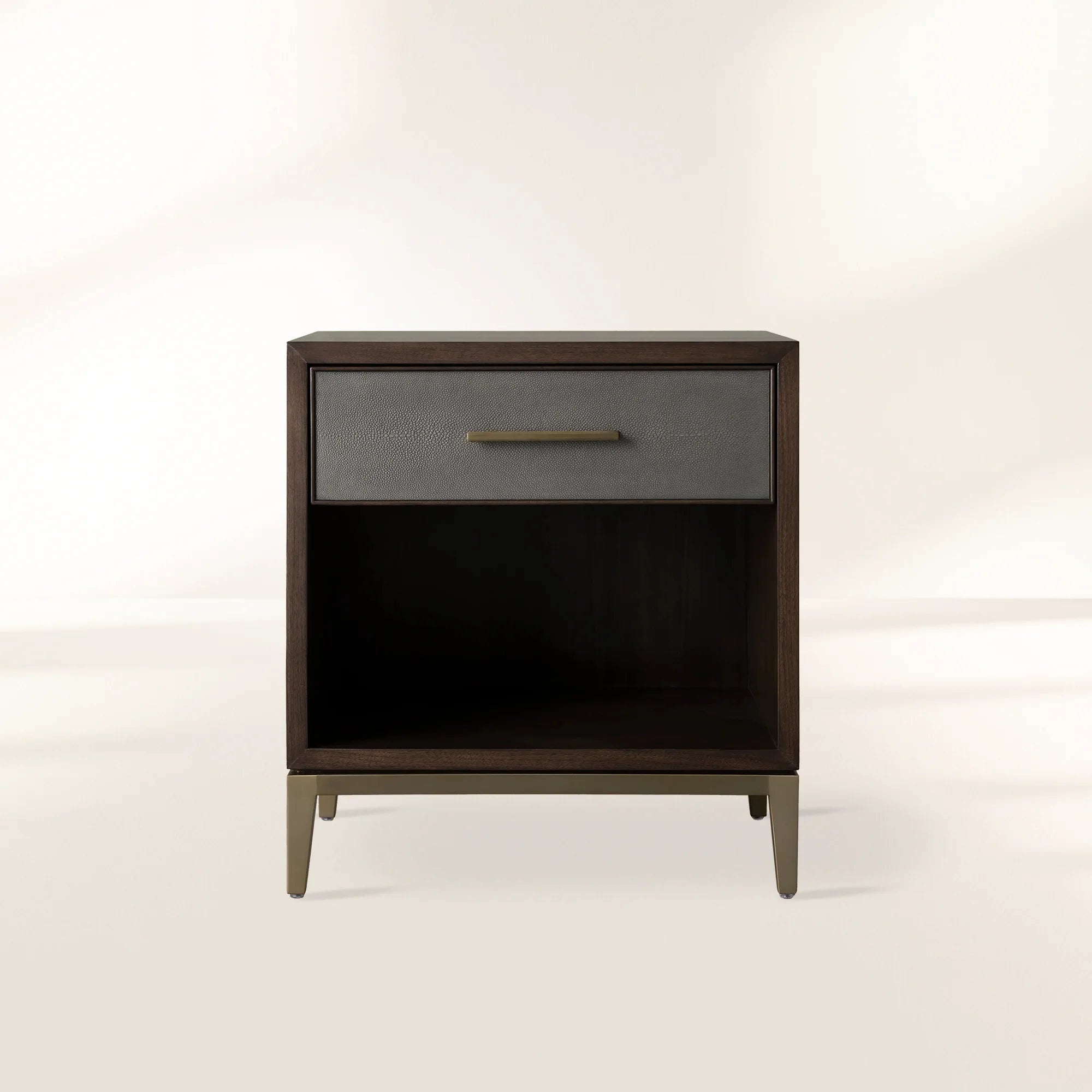 Malone Solid Wood Open Nightstand with 3-Drawers Cabinet Shagreen Leather Nightside Table