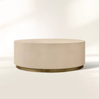 Malone Round Plinth Coffee Table with Leather Textured Tabletop & Steel Base Cocktail Table Living Room Center Tea Table Modern Style
