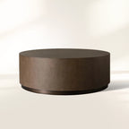 Malone Round Plinth Coffee Table with Leather Textured Tabletop & Steel Base Cocktail Table Living Room Center Tea Table Modern Style