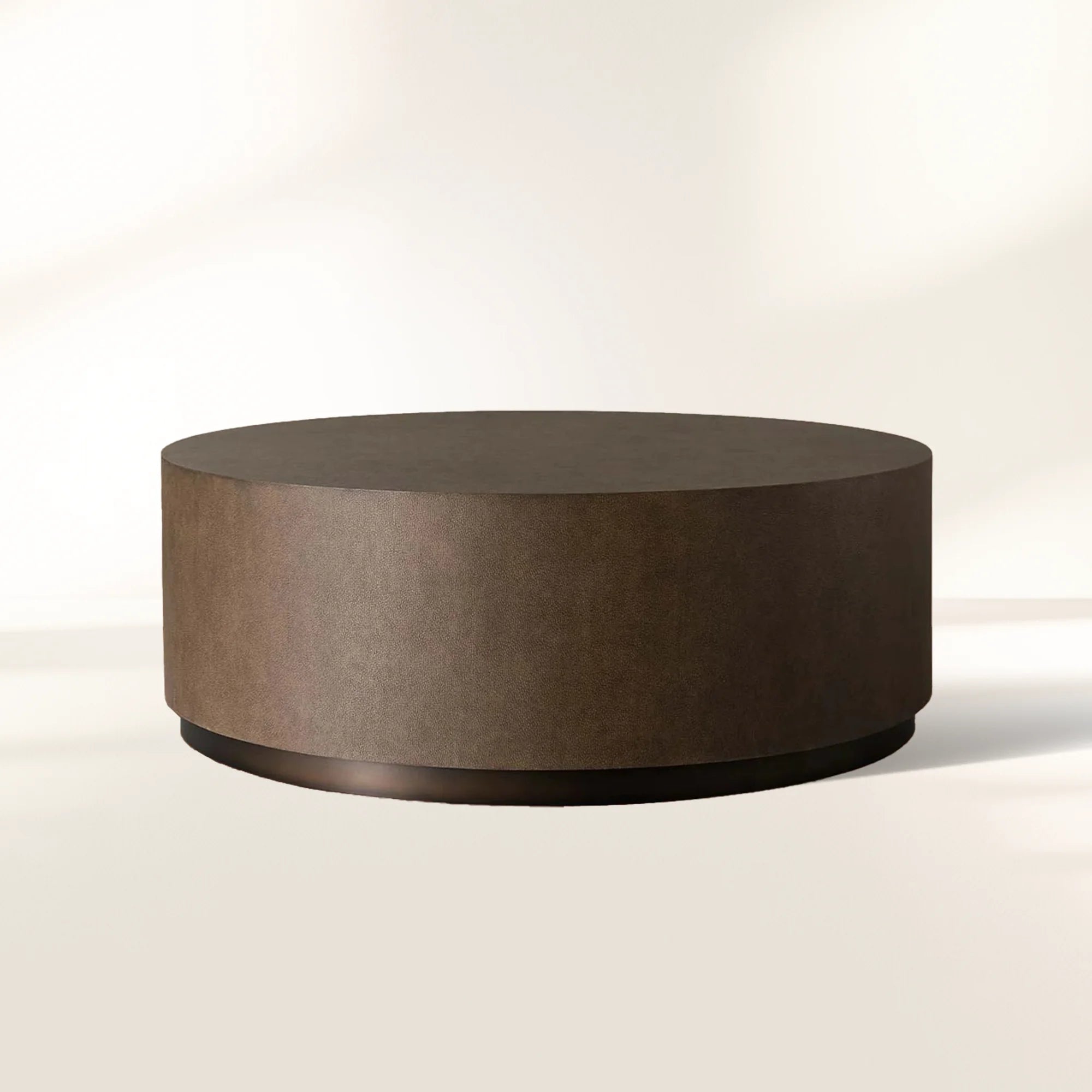 Malone Round Plinth Coffee Table with Leather Textured Tabletop & Steel Base Cocktail Table Living Room Center Tea Table Modern Style