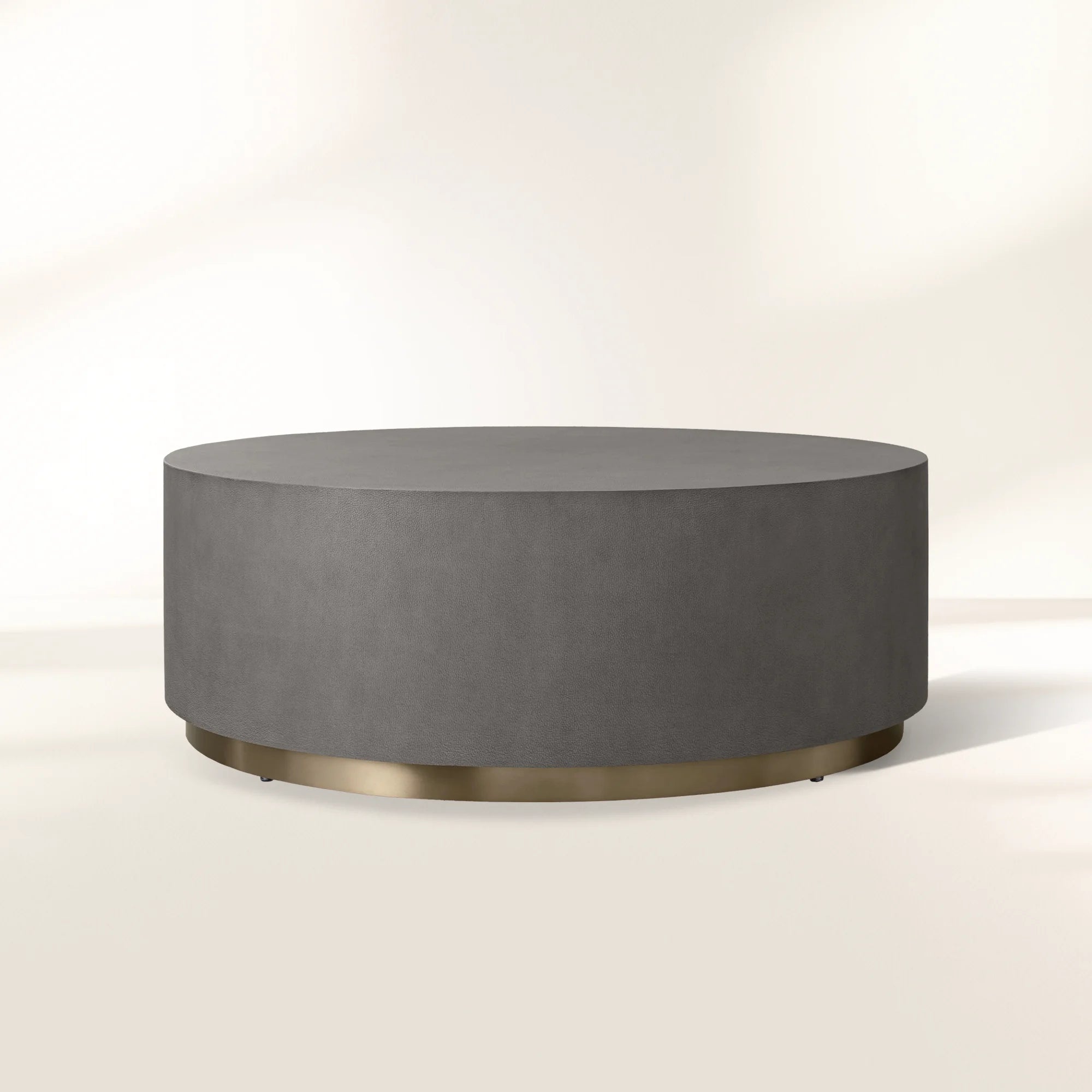 Malone Round Plinth Coffee Table with Leather Textured Tabletop & Steel Base Cocktail Table Living Room Center Tea Table Modern Style