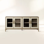 Malone Wood Buffet Sideboard leather Panels Entryways TV Cabinet with Tempered Glass Doors