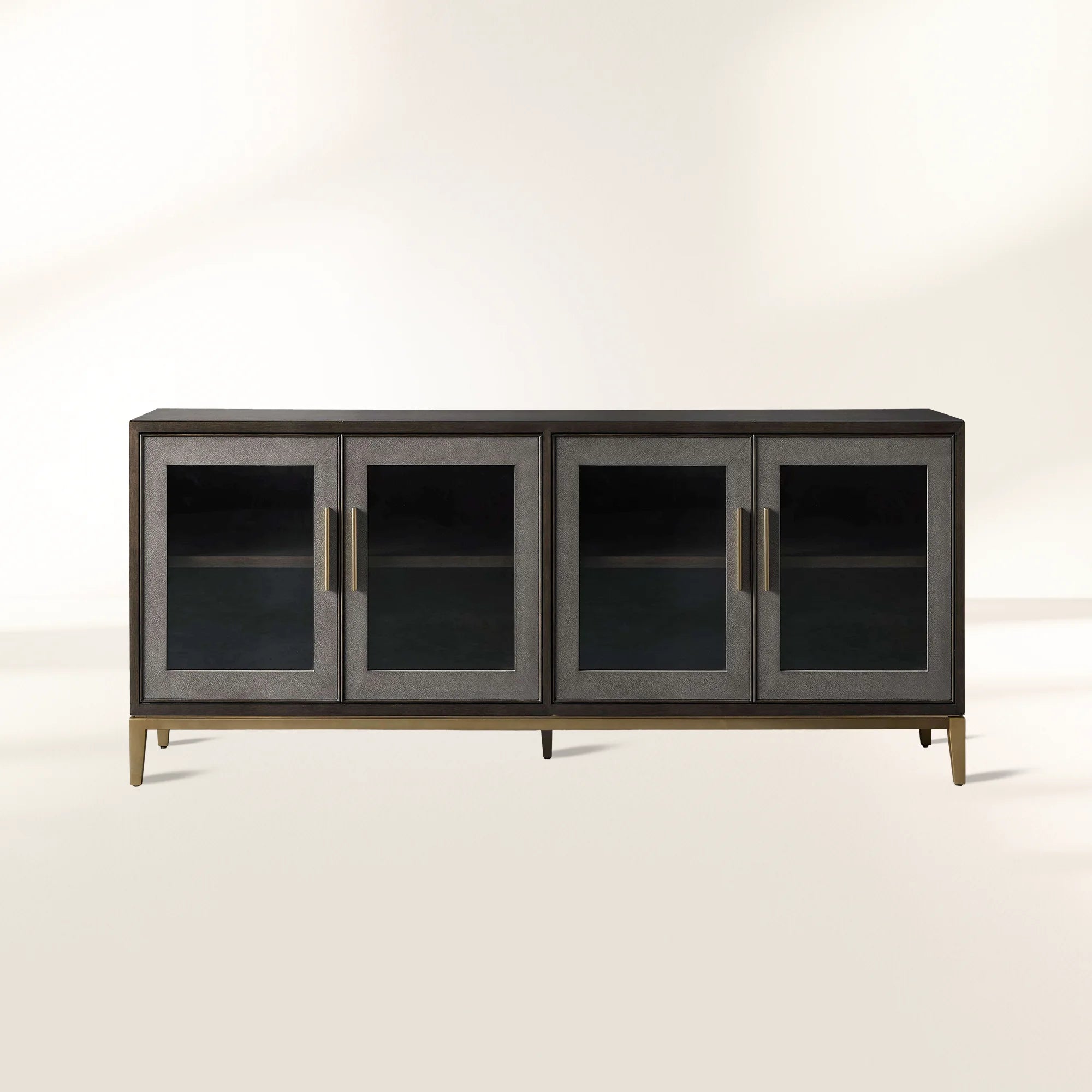 Malone Wood Buffet Sideboard leather Panels Entryways TV Cabinet with Tempered Glass Doors