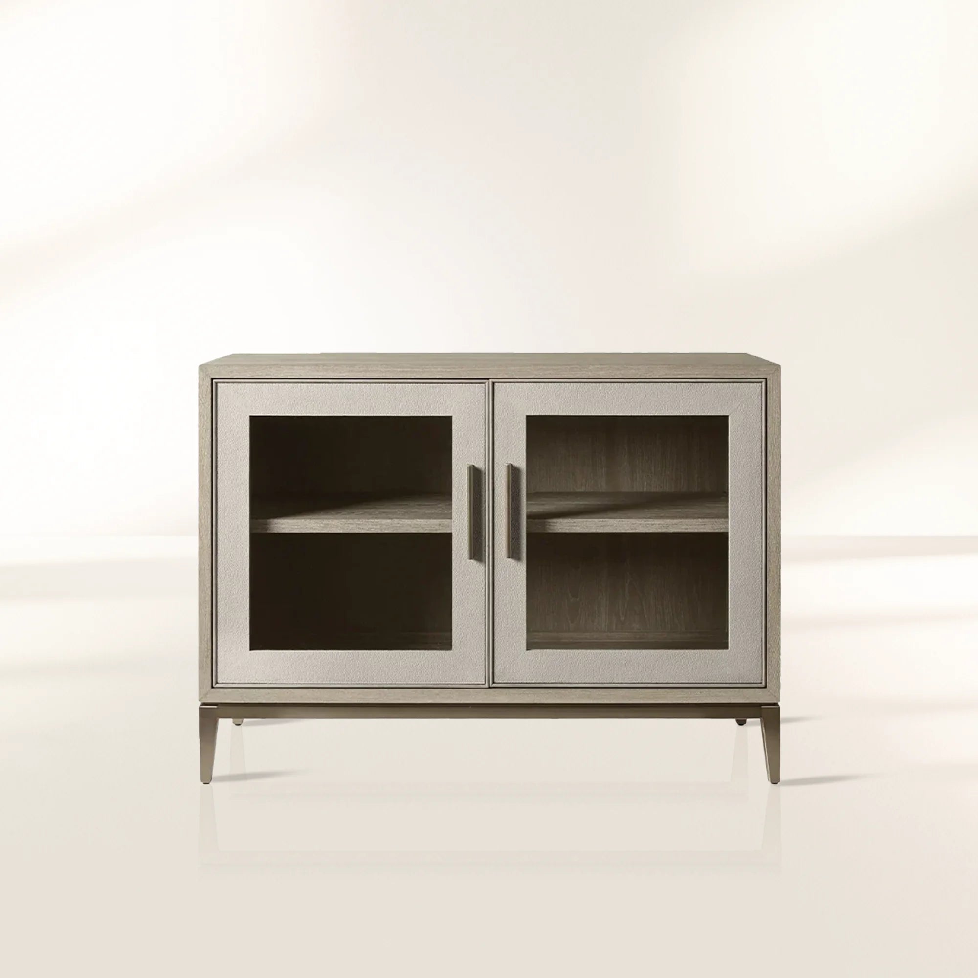 Malone Two-Door Glass Buffet Sideboard Wood Living Entrance Cabinet with Shagreen-Pattern Leather