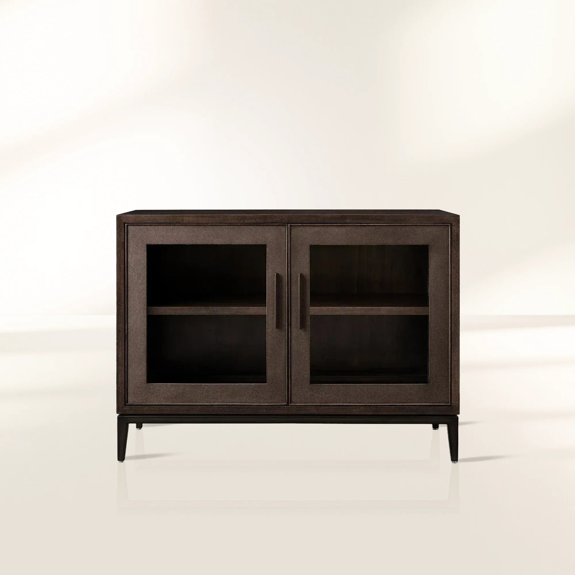 Malone Two-Door Glass Buffet Sideboard Wood Living Entrance Cabinet with Shagreen-Pattern Leather