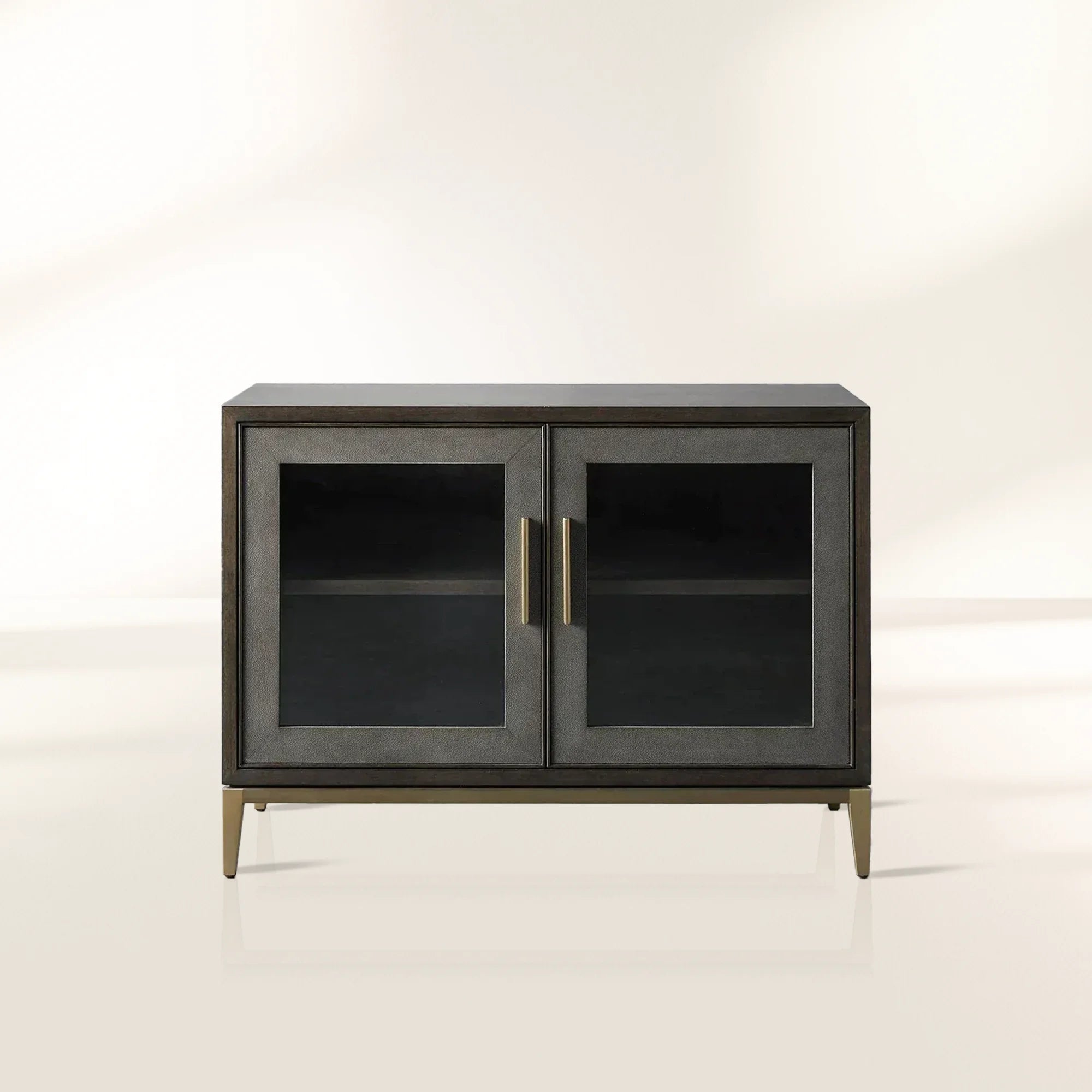 Malone Two-Door Glass Buffet Sideboard Wood Living Entrance Cabinet with Shagreen-Pattern Leather