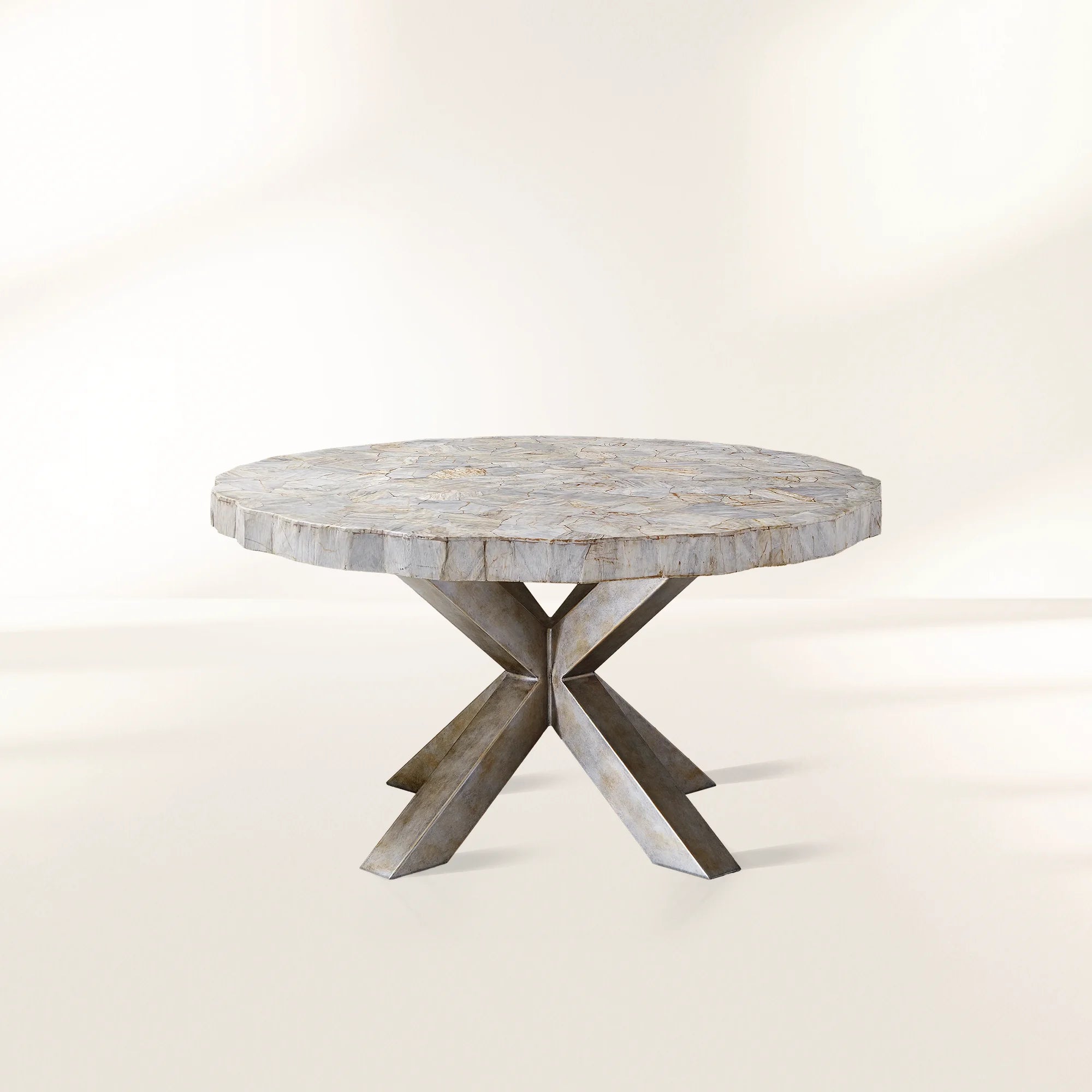 Petra Round Dining Table with Petrified Wood/Natural Stone and Iron Base