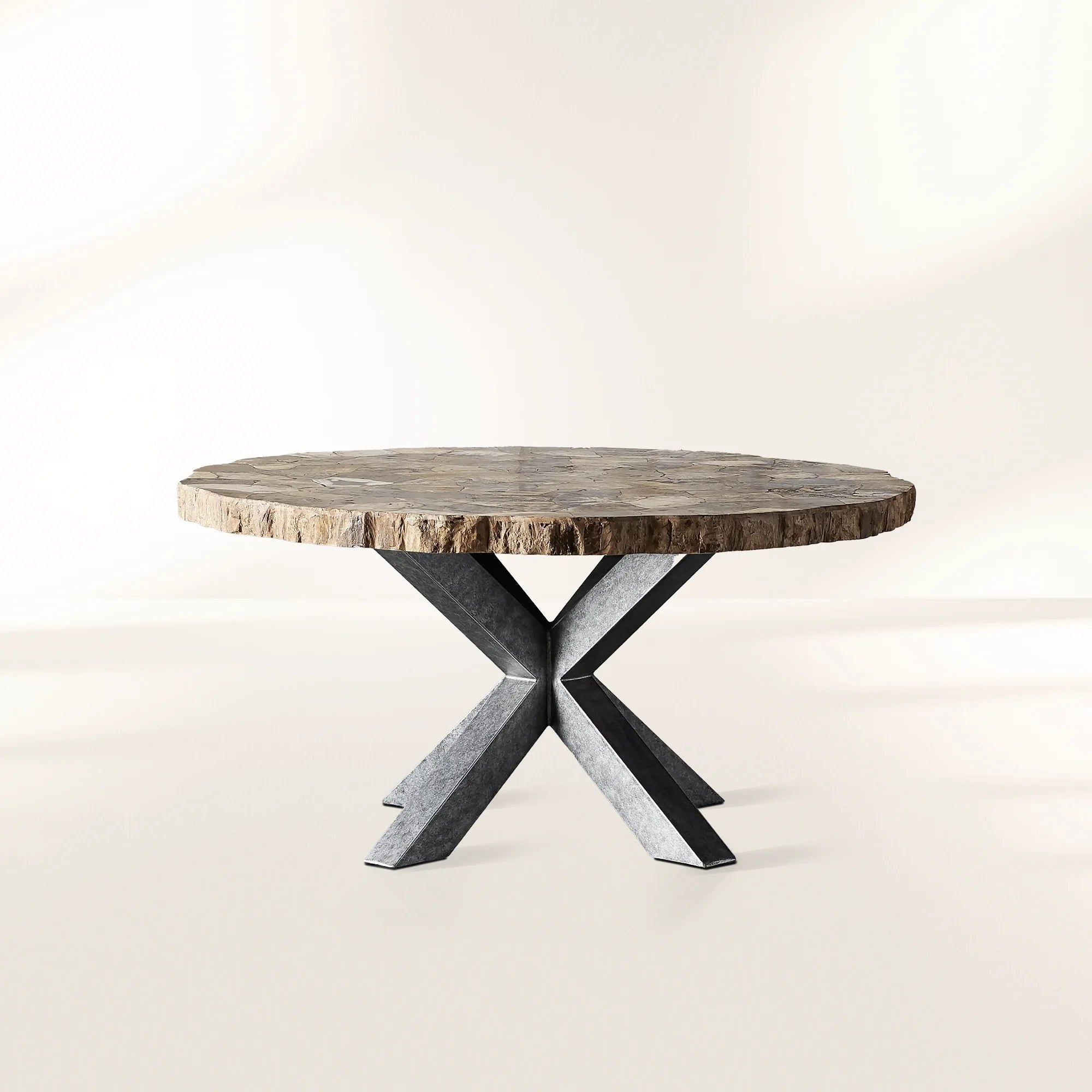 Petra Round Dining Table with Petrified Wood/Natural Stone and Iron Base