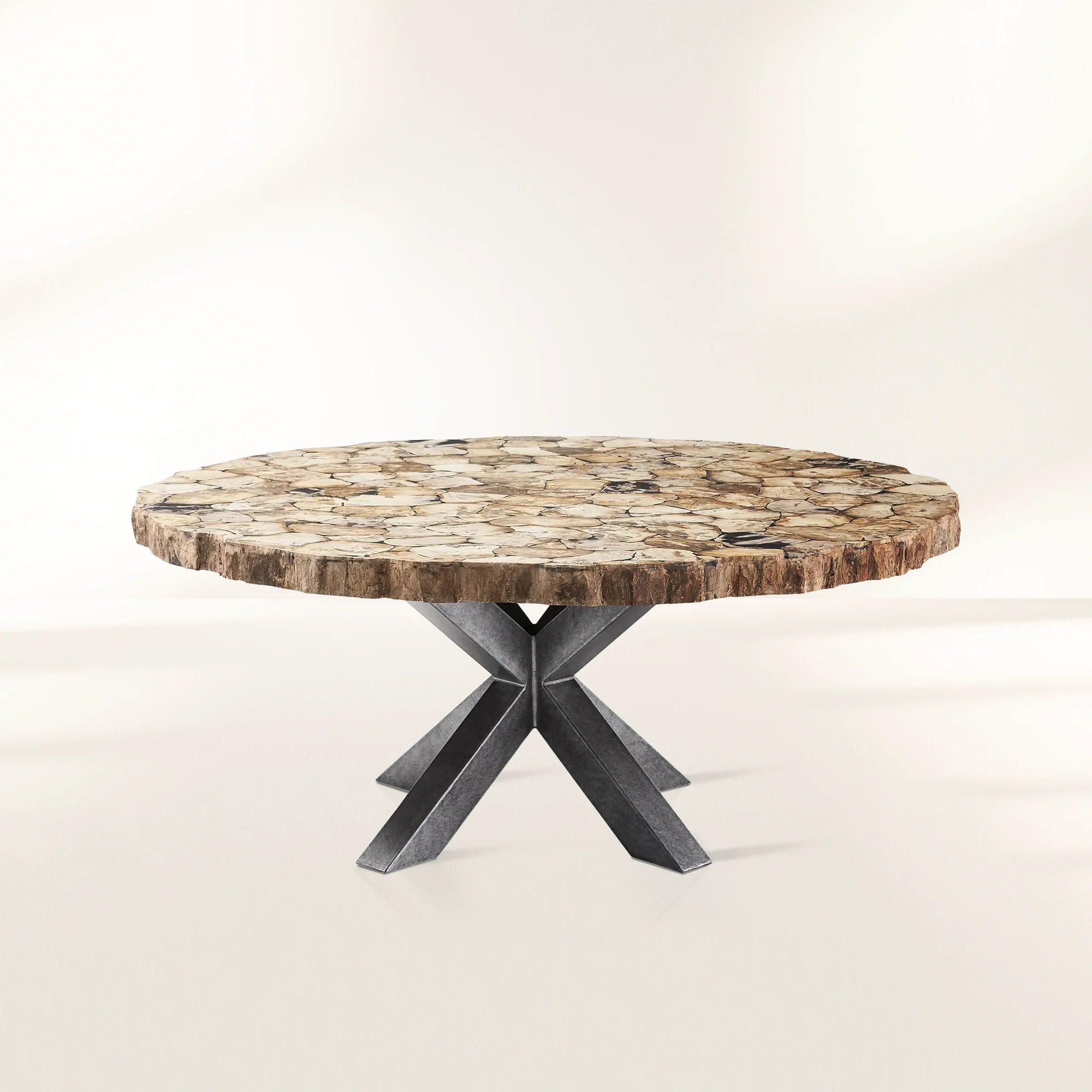 Petra Round Dining Table with Petrified Wood/Natural Stone and Iron Base