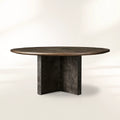 Polanco Round Dining Table with Oyster-Cut Wood Oxidized Steel Base