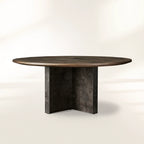 Polanco Round Dining Table with Oyster-Cut Wood Oxidized Steel Base